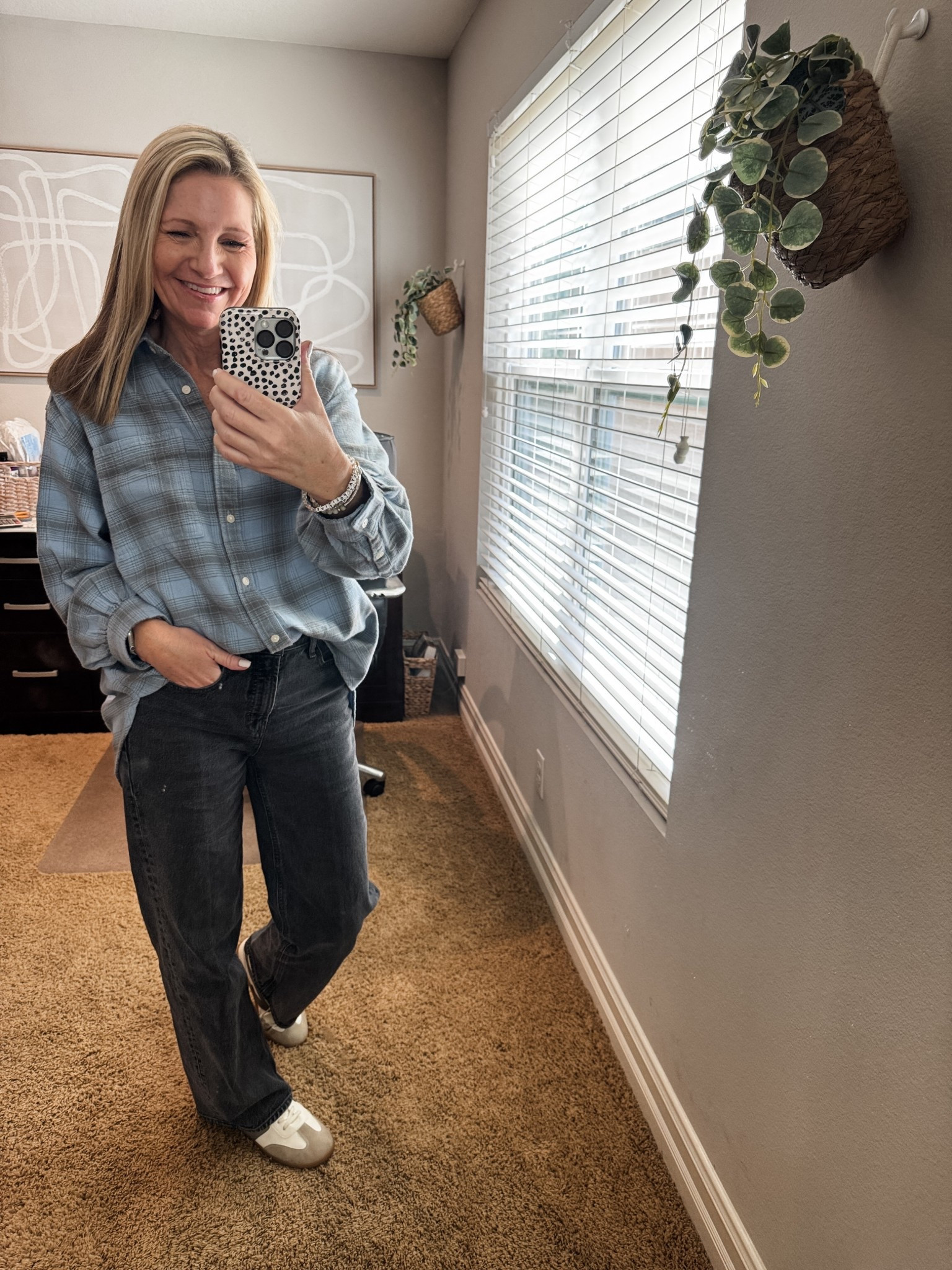 Cozy outfit of the day for work from home life. My Aerie flannel is still in stock in a few prints and my wide leg jeans are Old Navy. 

#LTKootd #LTKOver40 #LTKmomlife