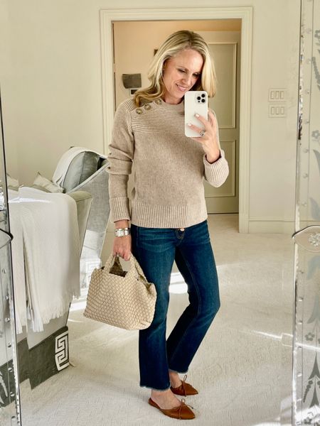Casual winter fashion outfit inspo

Brown tan beige Faherty women’s sweater with button detail 
Mother fray ankle dark wash jeans
Margaux brown mule flats
Cream ivory Shopbop mini tote

#LTKSeasonal #LTKHoliday #LTKstyletip