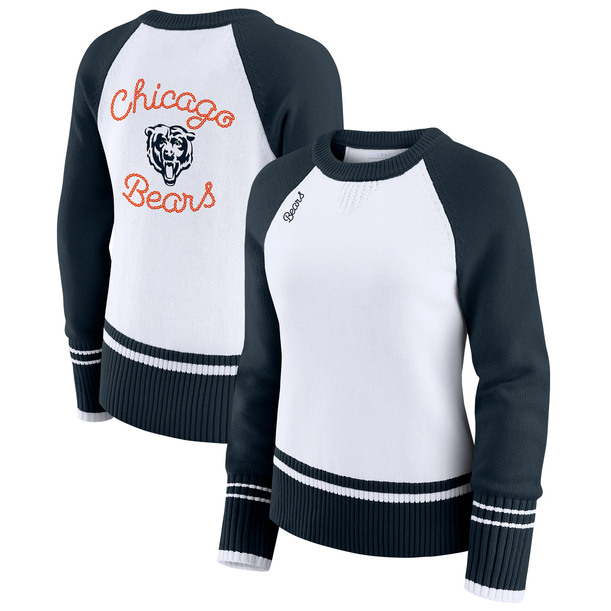 Women's WEAR by Erin Andrews White/Navy Chicago Bears Colorblock Raglan Sweater | Fanatics