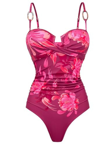 FLAXMAKER Women's Bathing Suit One Piece Wrap Ruched Tummy Control Ladies Swimming Costume Retro Swimsuit and Skirt (US, Alpha, Medium, Regular, Regular, Red Swimsuit Only) | Amazon (US)