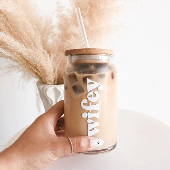 Wifey Cup Iced Coffee Cup Wifey Mug Glass Cup with Lid Straw Future Mrs Engagement Bridal Shower ... | Etsy (US)