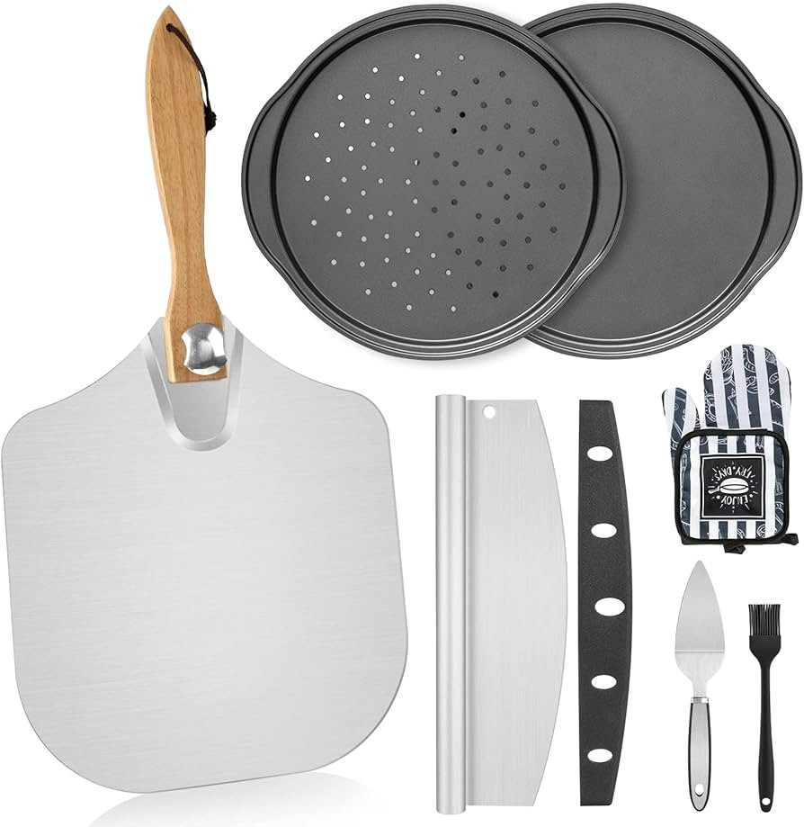 Foldable Pizza Peel Pizza Pan Set, 7Pcs 12" x 14" Aluminum Metal Pizza Paddle with Wooden Handle,... | Amazon (US)