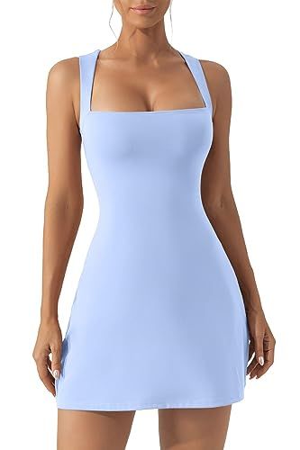 QINSEN Women's Square Neck Bodice Dress Sleeveless Tank Top Stretch Flare Mini Dresses（No Built... | Amazon (US)