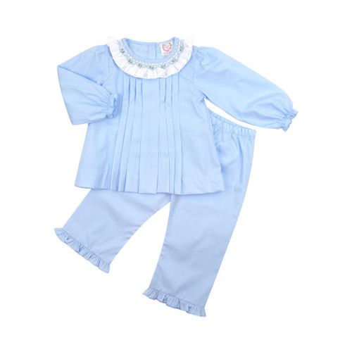 Blue Pleated Smocked Rosette Pant Set | Cecil and Lou