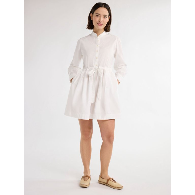 Free Assembly Women’s Cotton Tie Front Mini Dress with Long Sleeves, Sizes XS-XXXL | Walmart (US)
