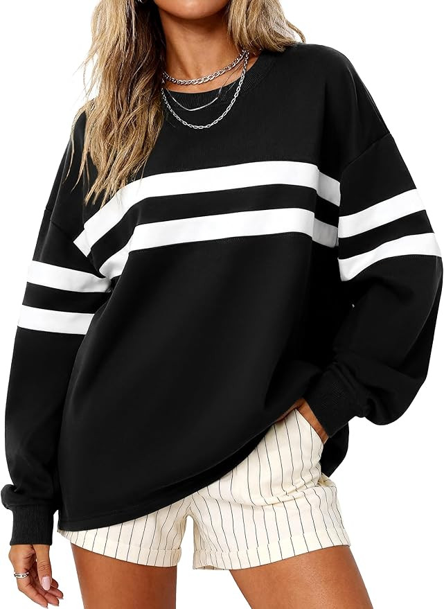 MASCOMODA Women's 2025 Striped Oversized Sweatshirt Fall Crewneck Long Sleeve Shirts Casual Color... | Amazon (US)