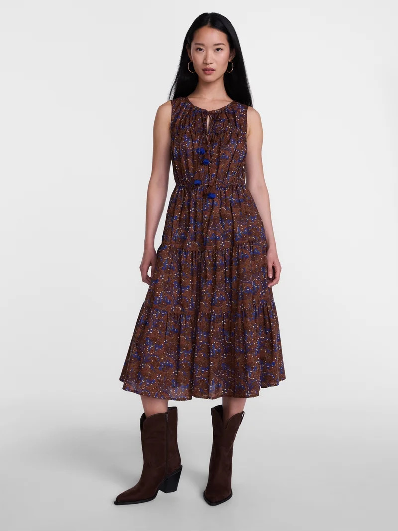 Scenario Women's and Women's Plus Sleeveless Tie Neck Tiered Midi Dress, Sizes XS-4X | Walmart (US)