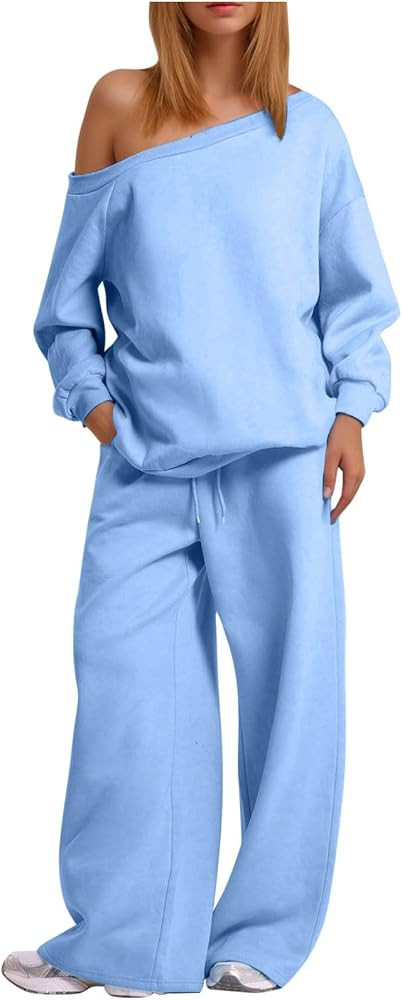 HGps8w Two Piece Outfits for Women Sexy Off Shoulder Sweatsuits Oversized Pullover Sweatshirt and... | Amazon (US)