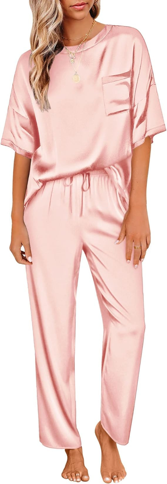 Ekouaer Womens Satin Silky Pajama Set Short Sleeve Shirt with Long Pajama Pant Set ... | Amazon (US)