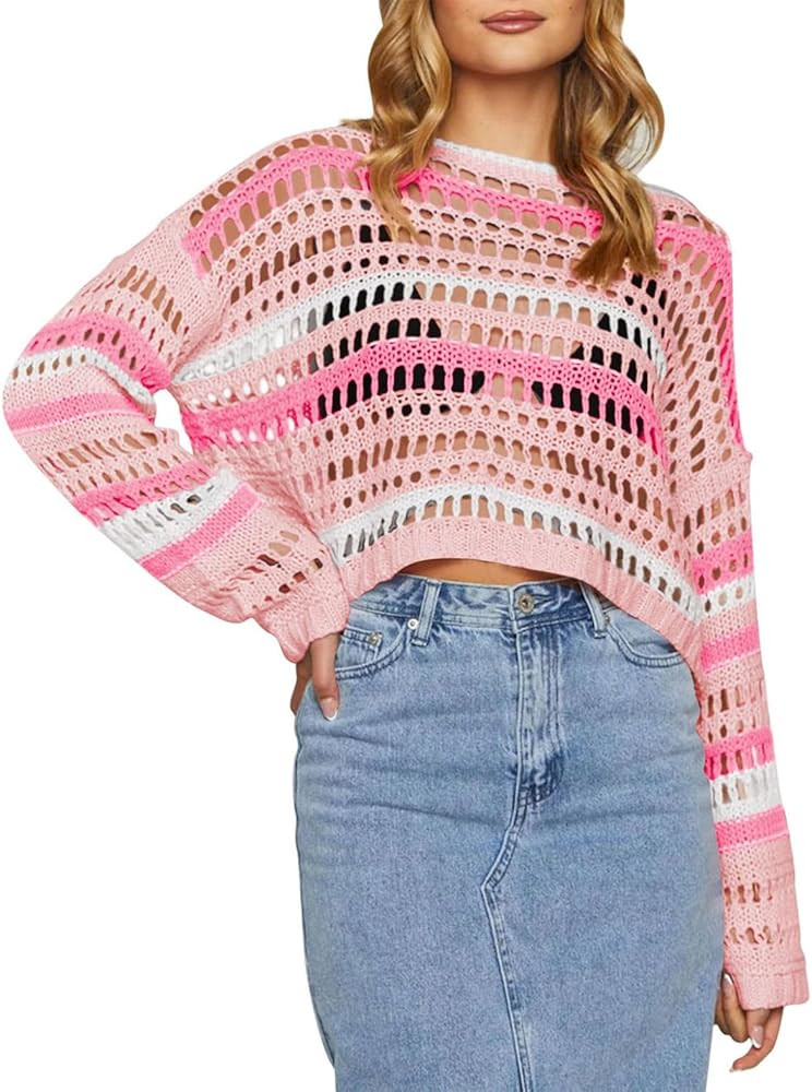 Pink Queen Women Cropped Sweater Hollow Out Long Sleeve Knit Mesh Color Block Crochet Crop Top Y2... | Amazon (US)