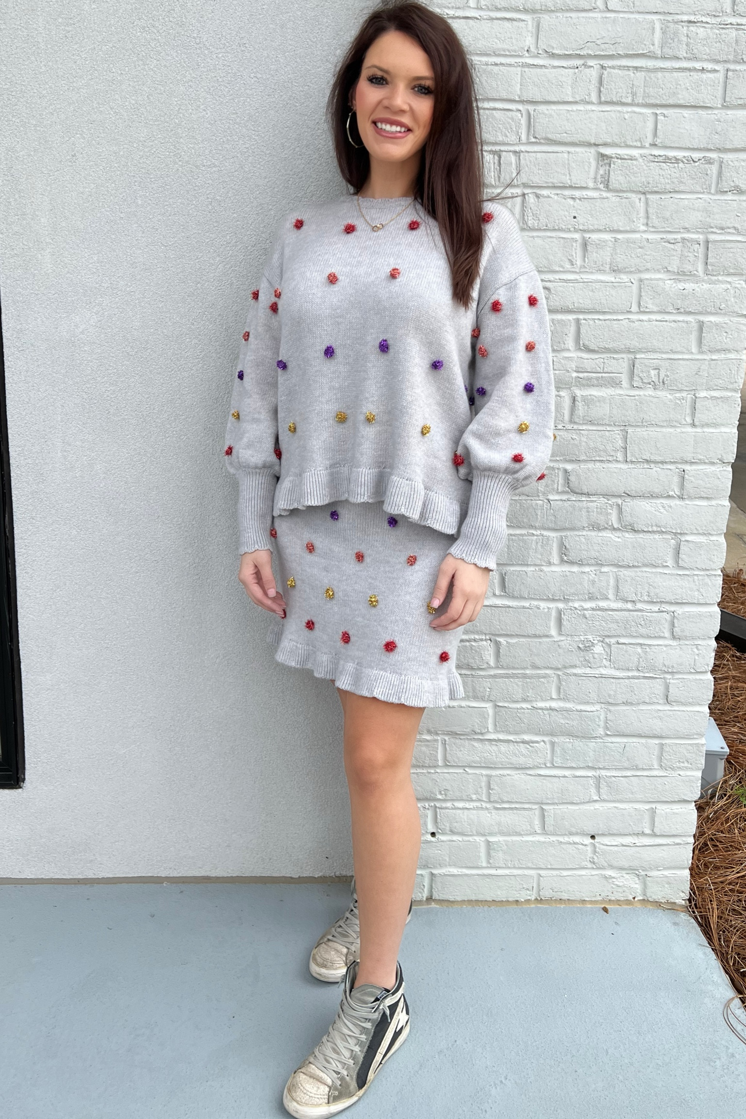 Just Poking Fun Set!

 This Gorgeous knitted gray sweater and skirt set is a must-have for the holidays or any occasion. It has the cutest Yellow, Purple, Copper, and Red metallic Pom details over the top and bottoms! Grab it while you @dappled.shop on Instagram! 

True to Size
Stretchy knit Material
Stretchy waistline 

I’m wearing a small, super fun, and very comfortable! 


#shopsmall #holidayfit #sweaterset #holidayshoppingmadeeasy #OOTD #ootdinspiration #shopsmallbusiness #shoplocal

#LTKSeasonal #LTKfit #LTKHoliday