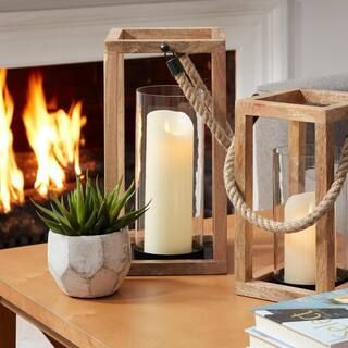 Natural Mango Wood Lantern Candle Holder - Hanging or Tabletop with Rope Handle (Set of 2) | The Home Depot
