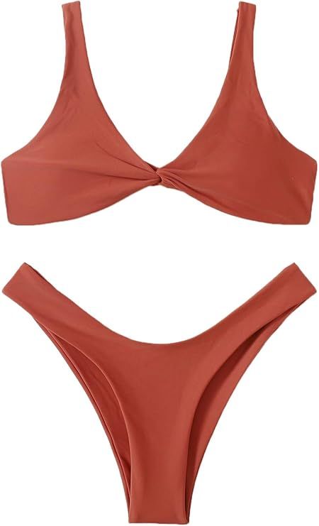 Verdusa Women's Twist Front High Cut Thong Two Piece Bikini Set Swimsuit | Amazon (US)