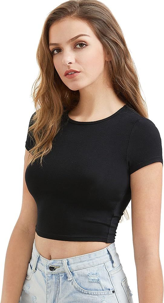 SweatyRocks Women's Basic Short Sleeve Scoop Neck Crop Top | Amazon (US)