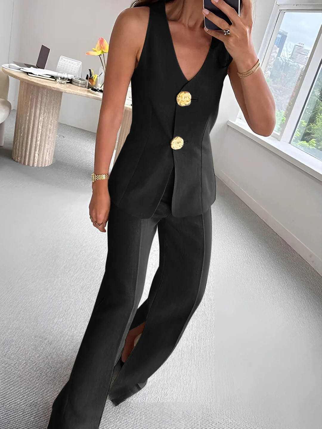 Button Split Sleeveless Pants Set | Commense