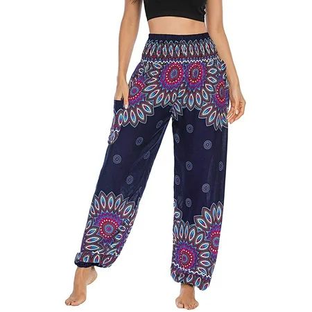 Womens Summer Fall Flowy Pant Boho Pleated Smocked Loose Fit Sport Yoga Beach Pant for Women D1 | Walmart (US)