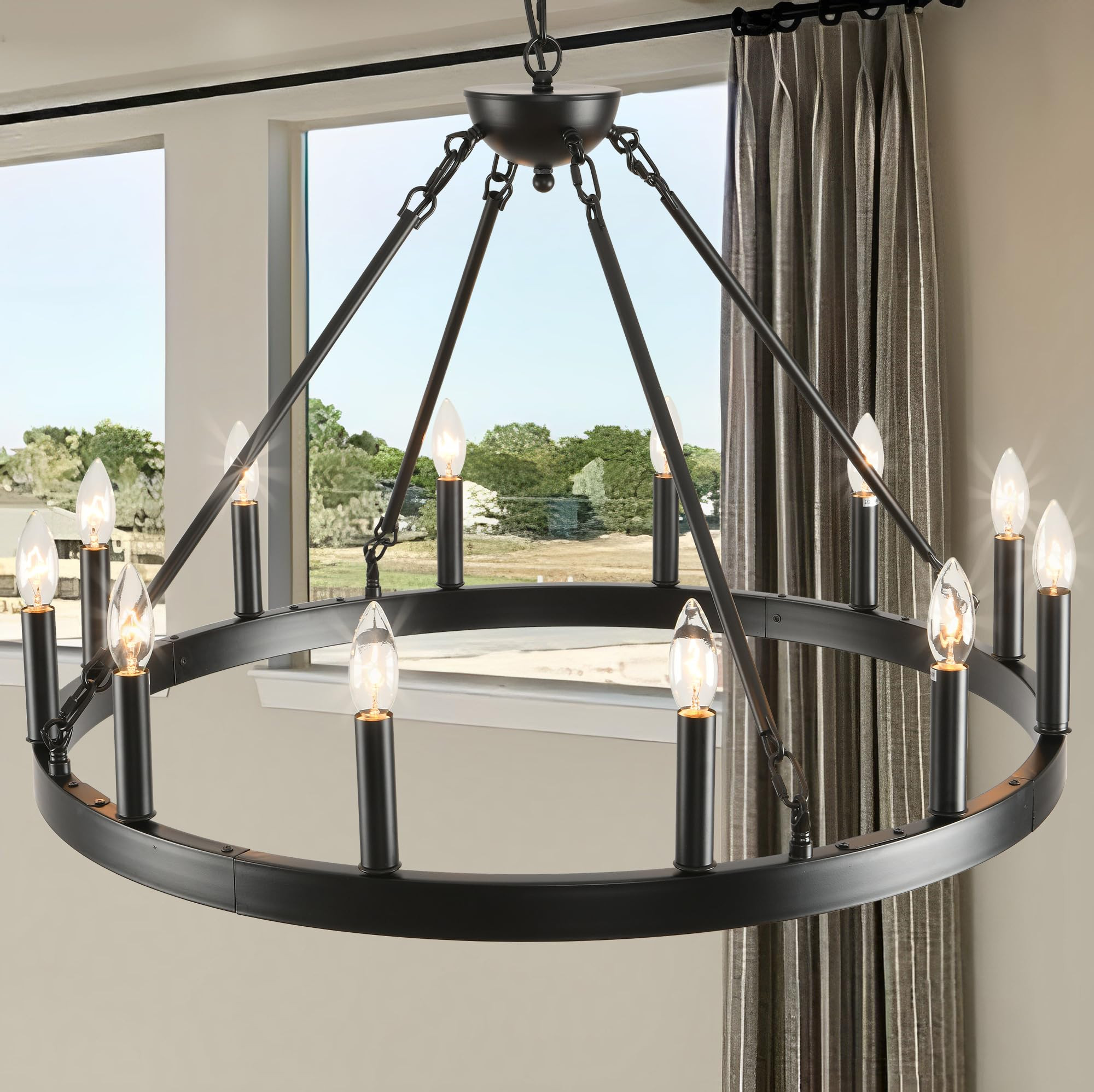 Black Wagon Wheel Chandelier 32 inch,12-Light Farmhouse Wagon Wheel Chandeliers Round Industrial ... | Amazon (US)