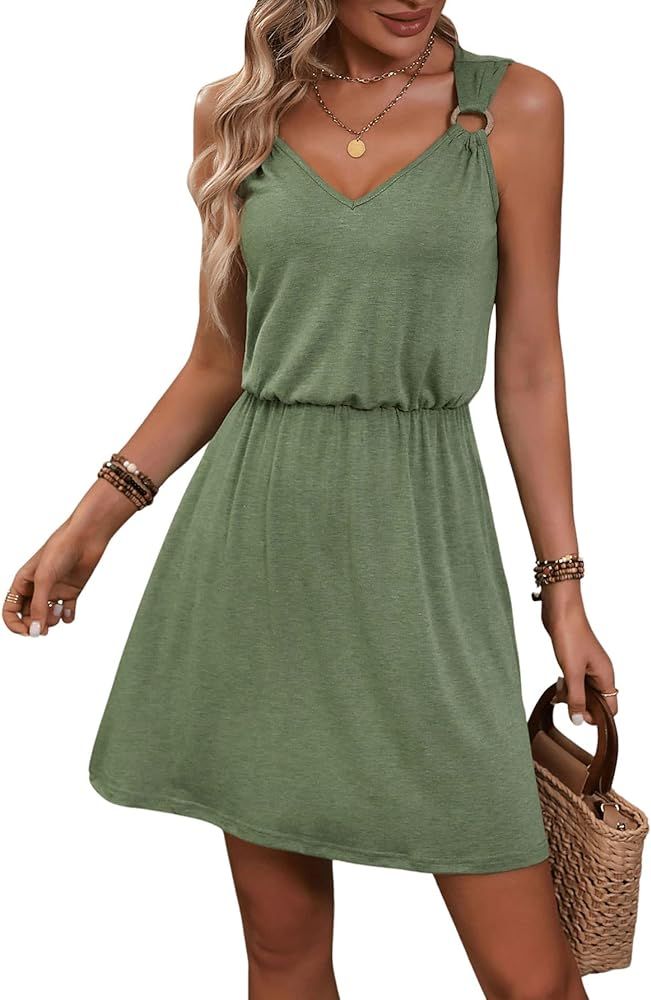 SOLY HUX Women's Summer Dresses V Neck Sleeveless A Line Solid Short Dress | Amazon (US)