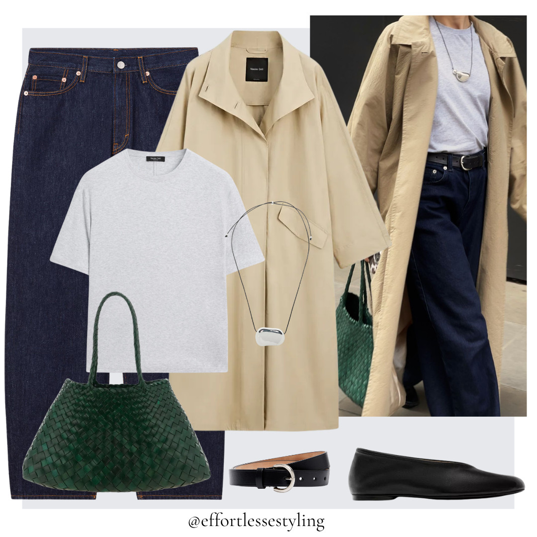 Smart casual Autumn outfit. 

Beige high neck trench coat, grey cotton t-shirt, indigo tapered jeans, dark green woven leather bag, soft black leather ballet flats, black leather belt with silver hardware, black cord and silver pebble necklace. 

 #LTKuk #LTKautumn #LTKjeans