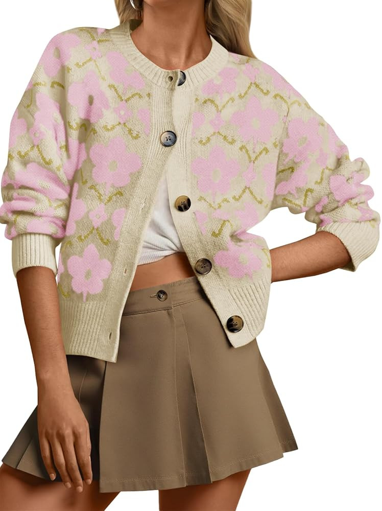 Saodimallsu Womens Floral Cardigan Sweaters Long Sleeve Open Front Button Down Knit Sweater Coat ... | Amazon (US)