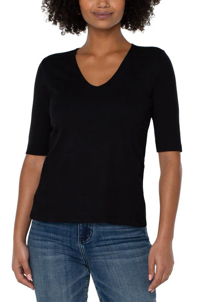 DOUBLE LAYER V-NECK RIB KNIT TOP | Liverpool Jeans