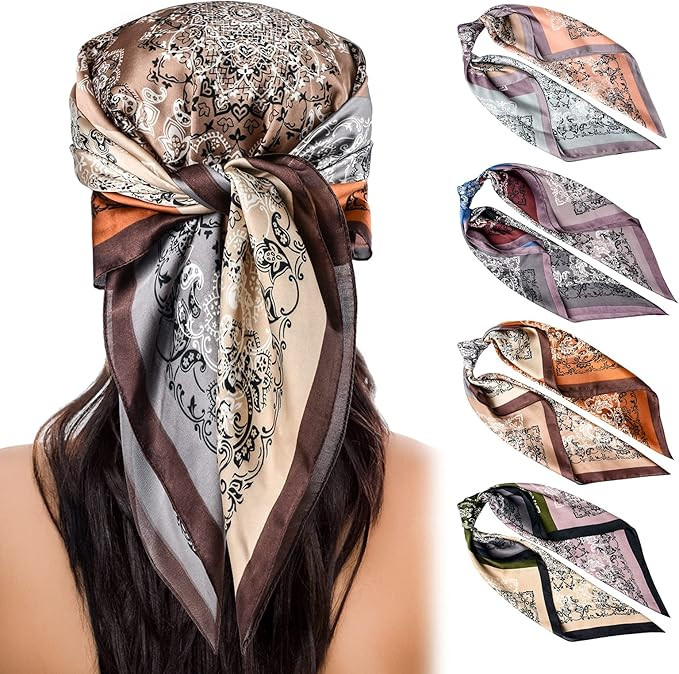 27 Inch Satin Head Scarf for Women - 4PCS Square Satin Hair Scarf for Women Silk Like Hair Kerchi... | Amazon (US)