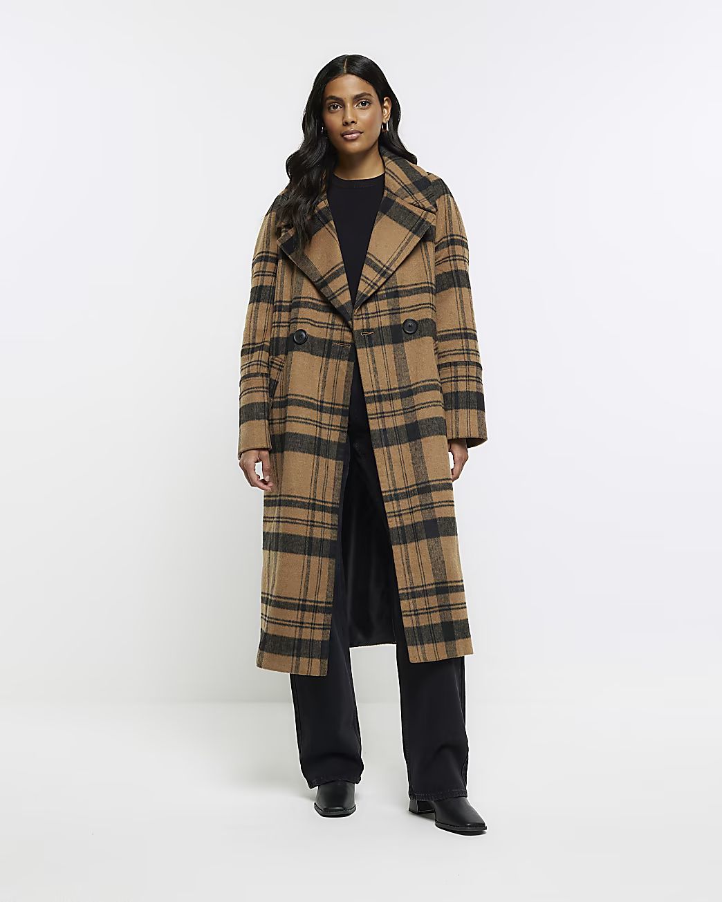 Brown wool blend check longline coat | River Island (UK & IE)