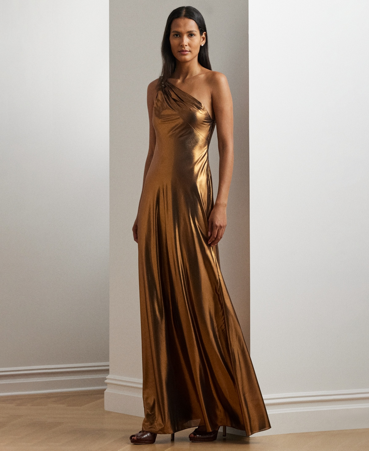 Lauren Ralph Lauren Women's Metallic Chiffon Gown - Cpfoil Blk | Macy's