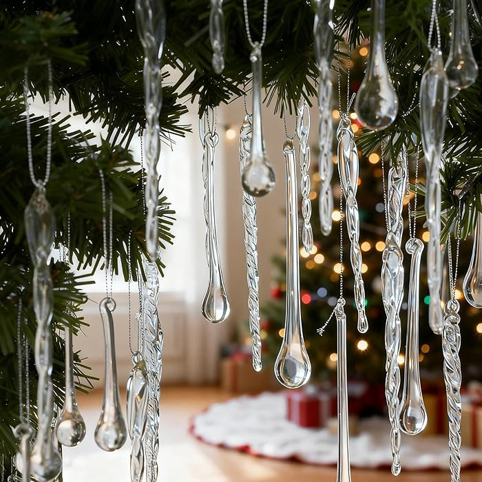 Glass Icicle Ornaments for Christmas Tree Decorations, 64Pcs Clear Crystal Glass Tear Drop Icicle... | Amazon (US)