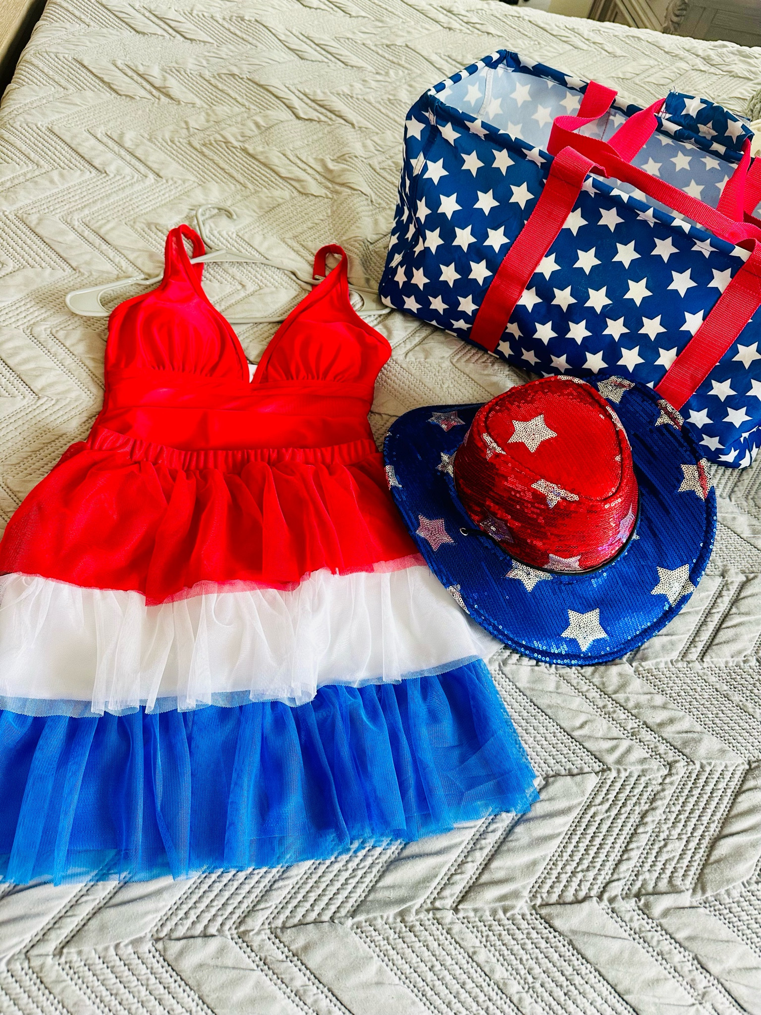 My outfit I put together for the summertime Freedom festivities 
💥 🇺🇸 🧨
The red white and blue skirt is giving bombpop vibes! Purchased from the girls section in large &  XL You could even pair with some sneakers for fun. The tutu, bag, and AWESOME sequined hat are all at Walmart and the one piece swimsuit was a great find on Shein! #ltksummer #ltkredwhiteandblue #4thofjuly  