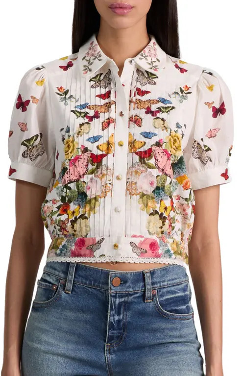 Alice + Olivia Rosie Butterfly & Floral Print Pleated Cotton Button-Up Shirt in Solar Strength Off White at Nordstrom, Size X-Small | Nordstrom