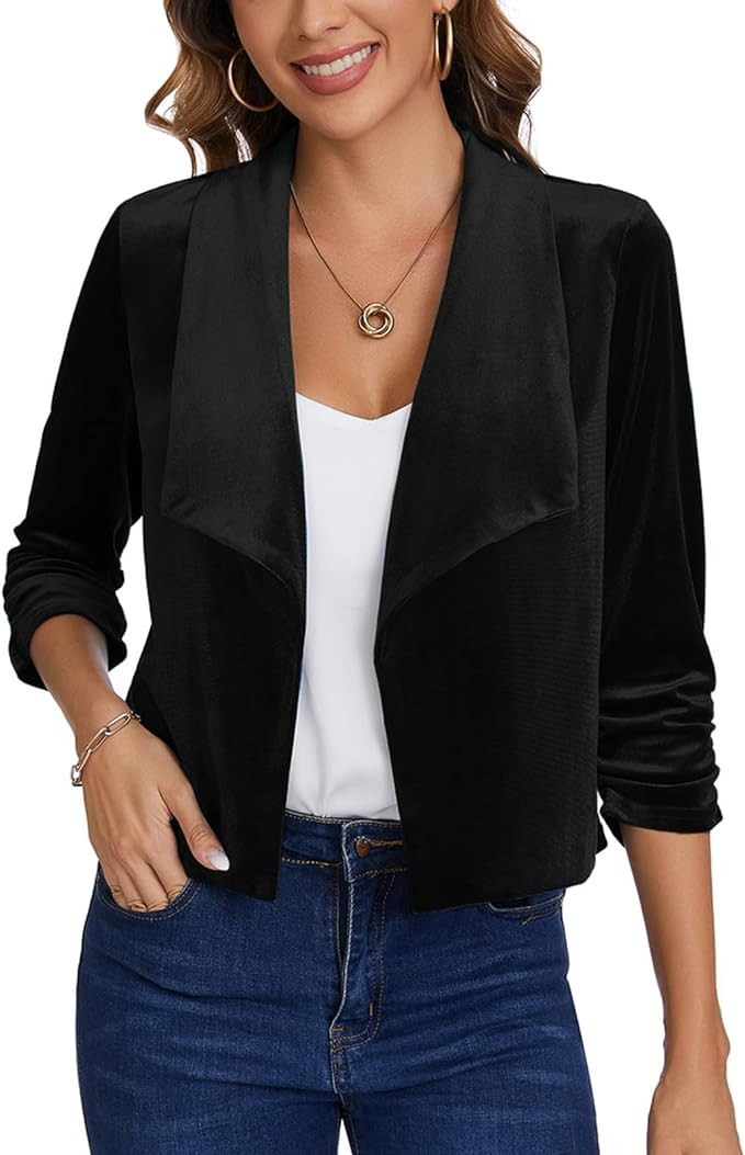 MINTLIMIT Women's Casual Velvet Blazer 3/4 Ruched Sleeve Shawl Collar Draped Open Front Blazers J... | Amazon (US)