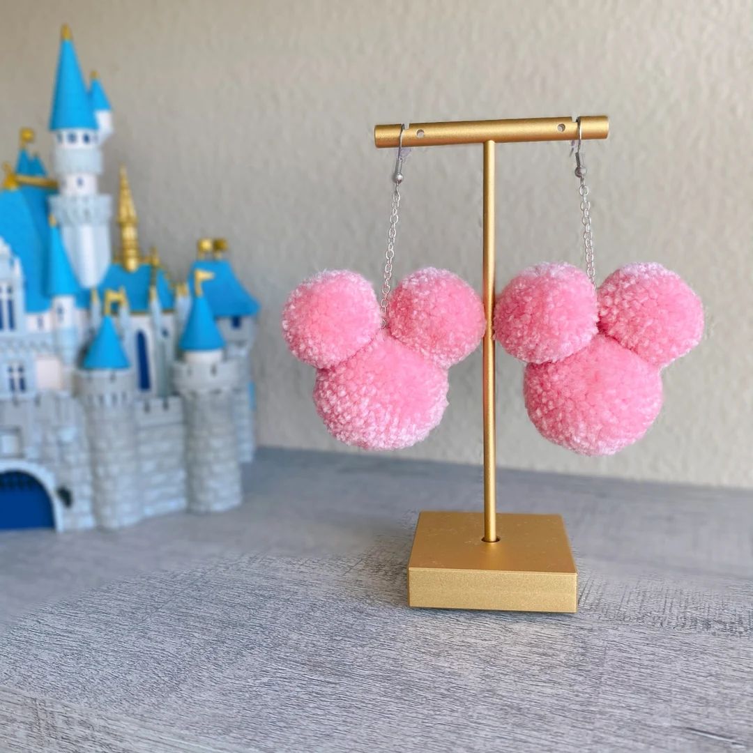 Pink Mickey Mouse Inspired Pom Pom Dangle Earrings | Etsy (US)