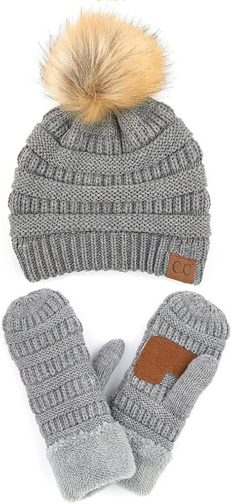 ScarvesMe 2pc Winter Warm Soft Stretch Cable Knit Faux Fur Pom Pom Beanie with Matching Gloves Se... | Amazon (US)