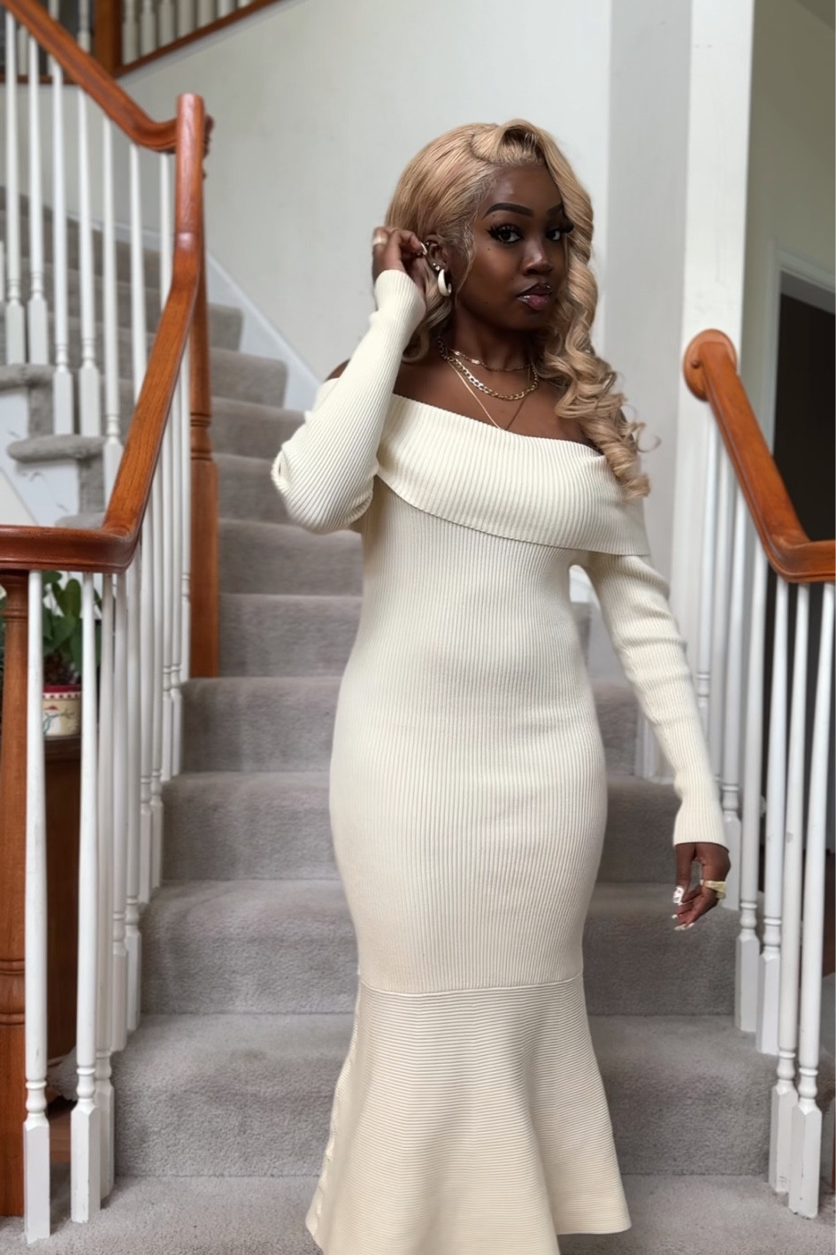 Im wearing a medium I’d say size down. 