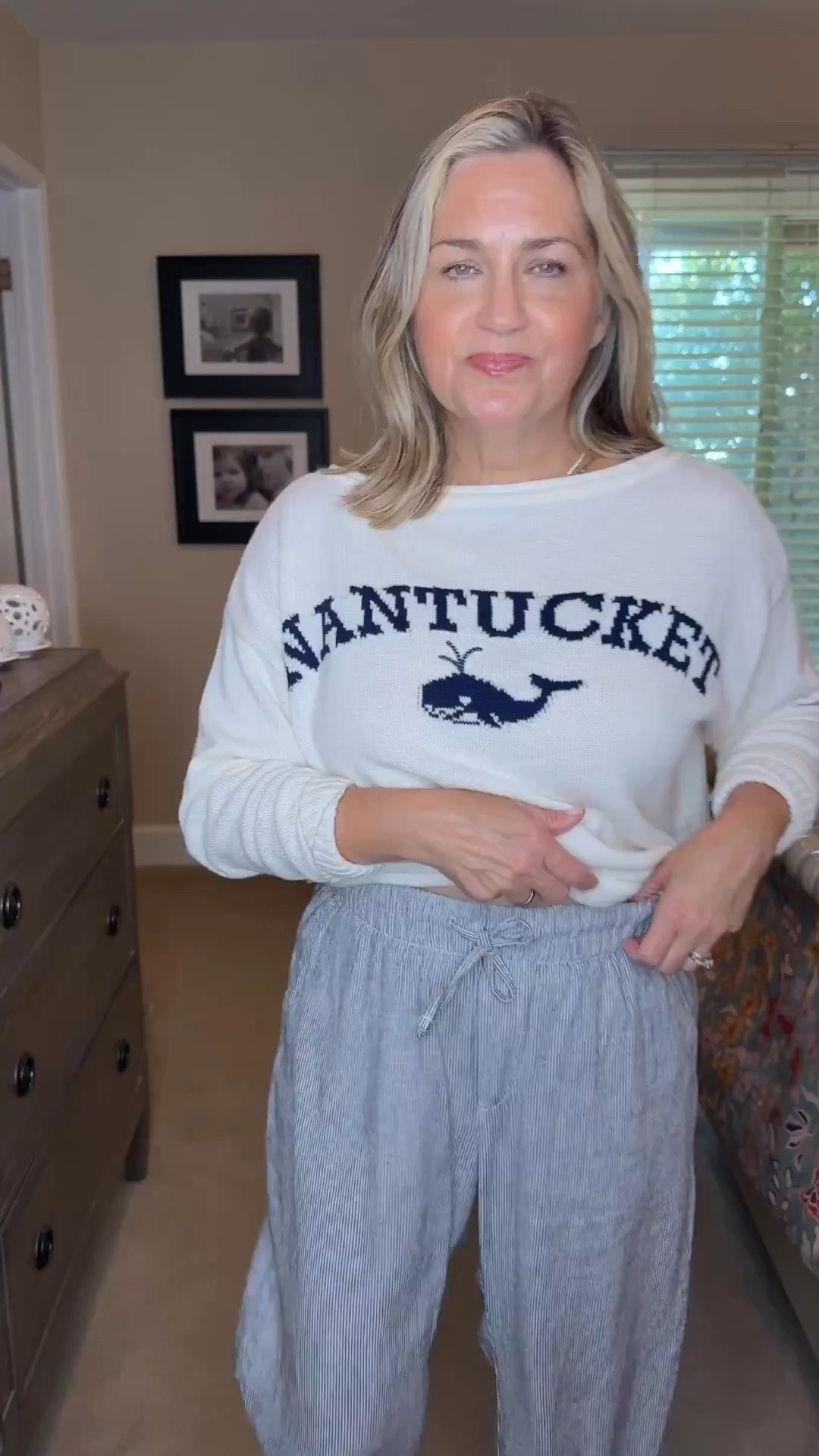 This sweater just screams Summer and so do striped linen pants. ￼

#LTKootd #LTKOver40 #LTKSaleAlert