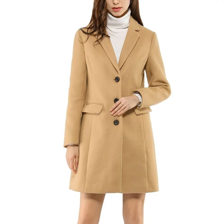 Allegra K Women's Notched Lapel Single Breasted Long Sleeves Winter Overcoat | Walmart (US)