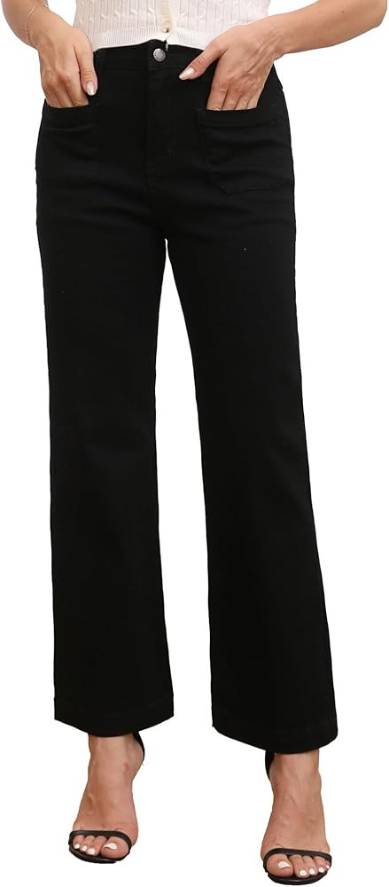 Women’s Wide Leg Petite Jeans High Waisted Stretchy Cropped Flare Jeans with Patch Pockets | Amazon (US)