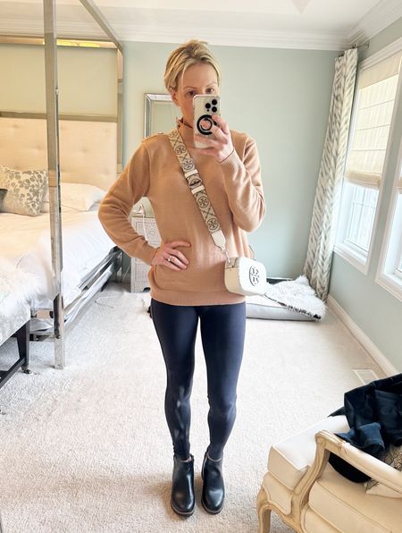 Casual outfit black leggings, tan sweater, Tory Burch, Crossbody, camera bag, Dr. Scholls, wedge booties

#LTKover40 #LTKGiftGuide #LTKstyletip