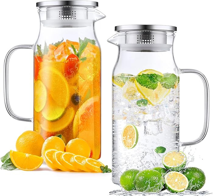 Bivvclaz 2 Pack 1.2 Liter 40 oz Small Glass Pitcher with Lid and Handle, Glass Carafe Water Pitch... | Amazon (US)