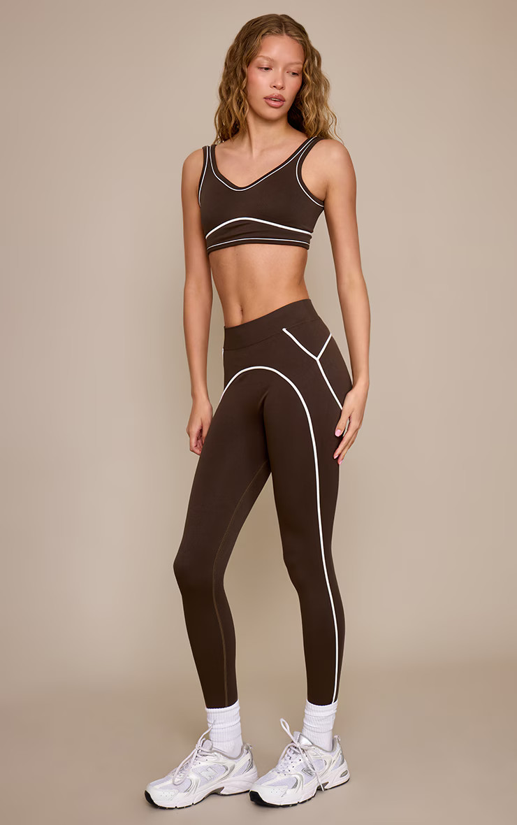 Espresso Seamless Contrast Detail Leggings | PrettyLittleThing UK