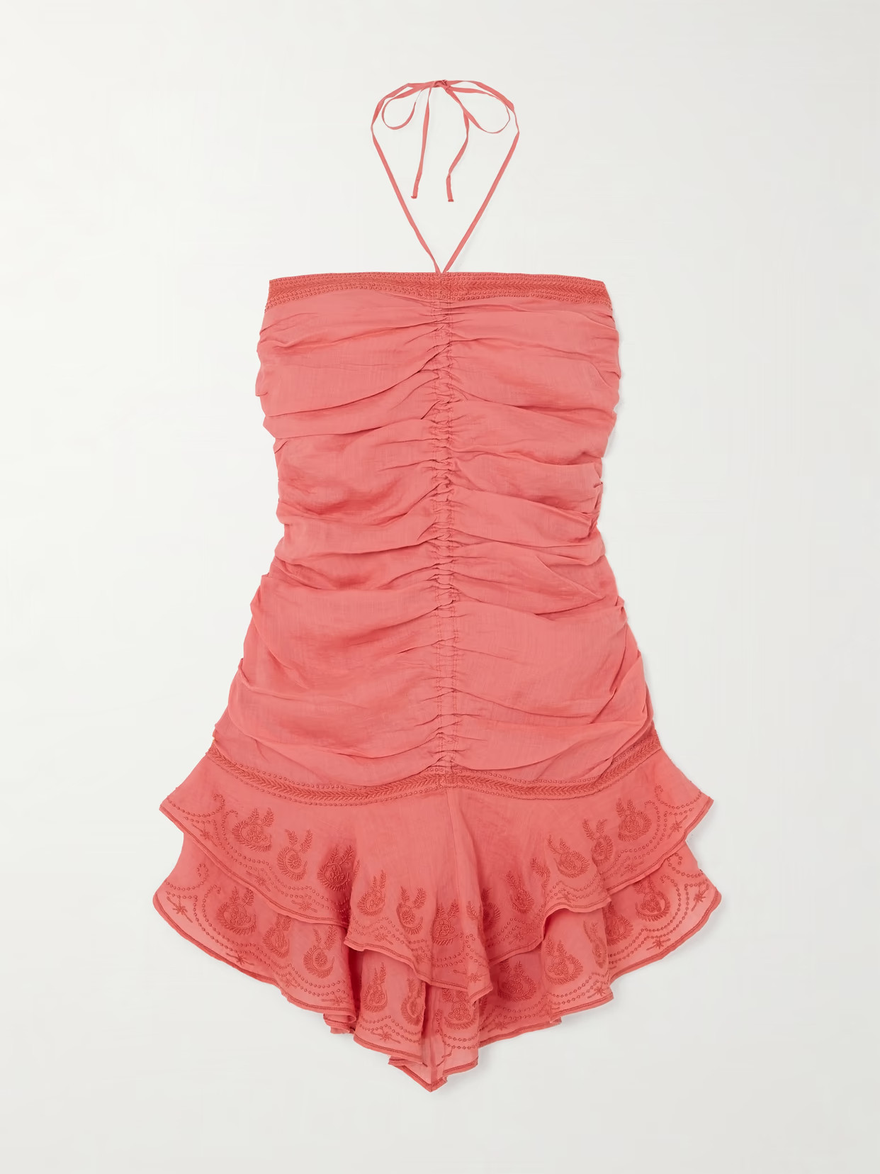 Isabel Marant - Emanuela Ruched Embroidered Ramie Halterneck Mini Dress - Orange | NET-A-PORTER (US)