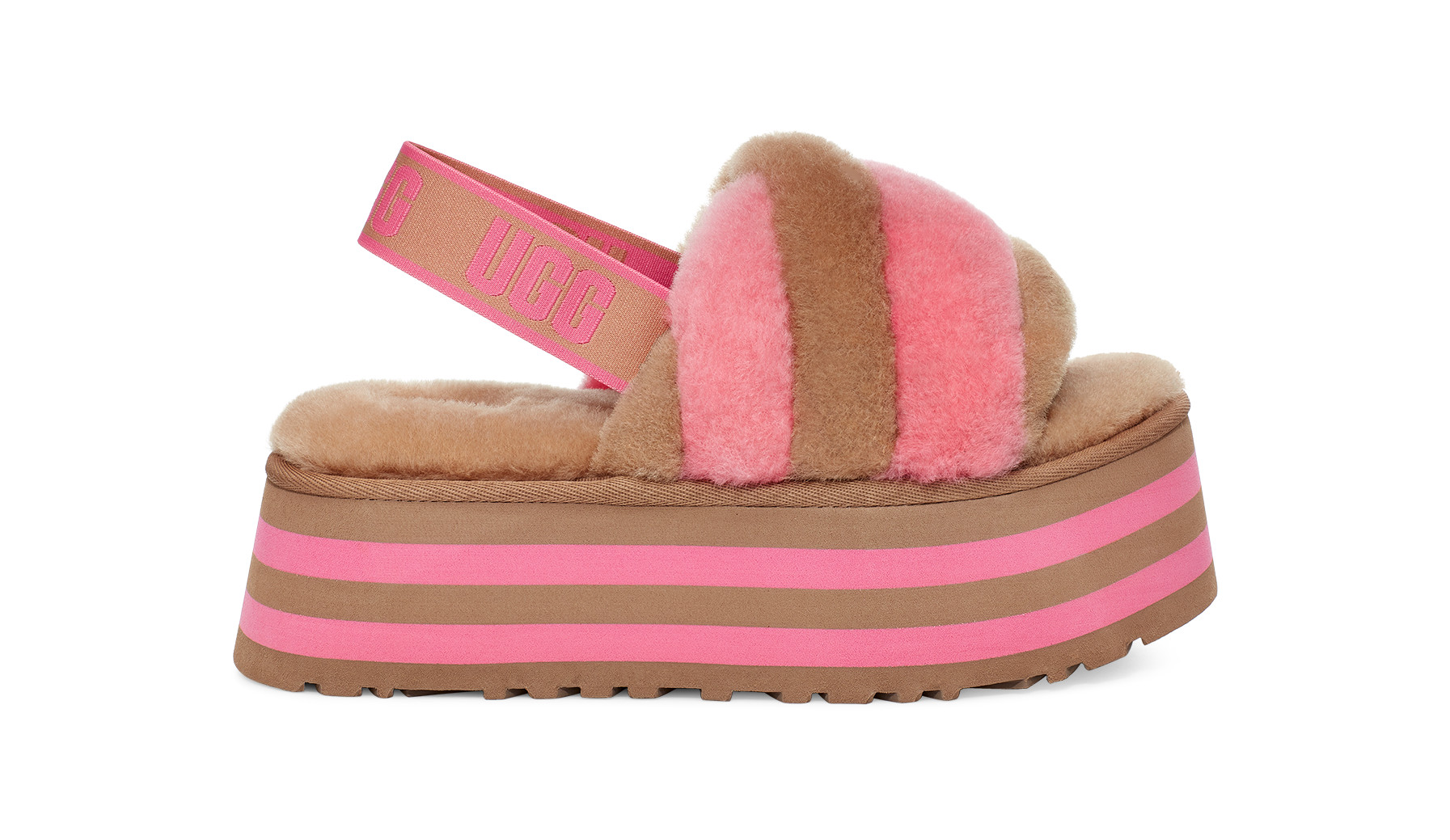 UGG Women's Disco Stripe Slide Sheepskin Slippers in Chestnut/Pink Rose Combo, Size 7 | UGG (US)