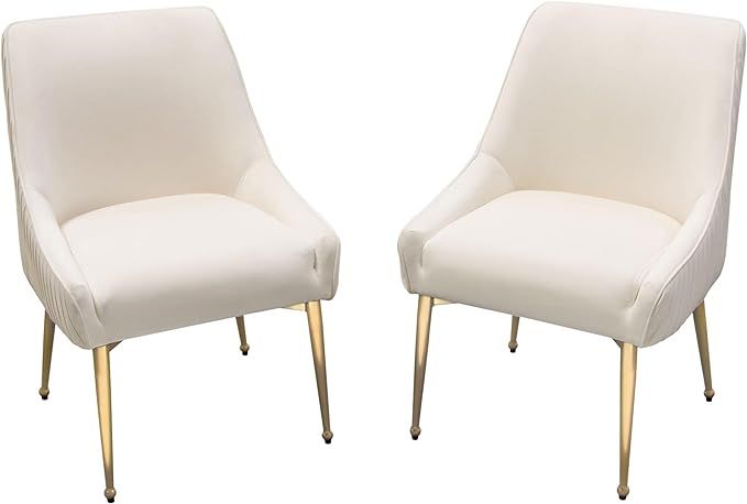 Benjara 24 Inch Dining Chair, Set of 2, Cushioned Seating, Sloped Arms, White, Gold | Amazon (US)