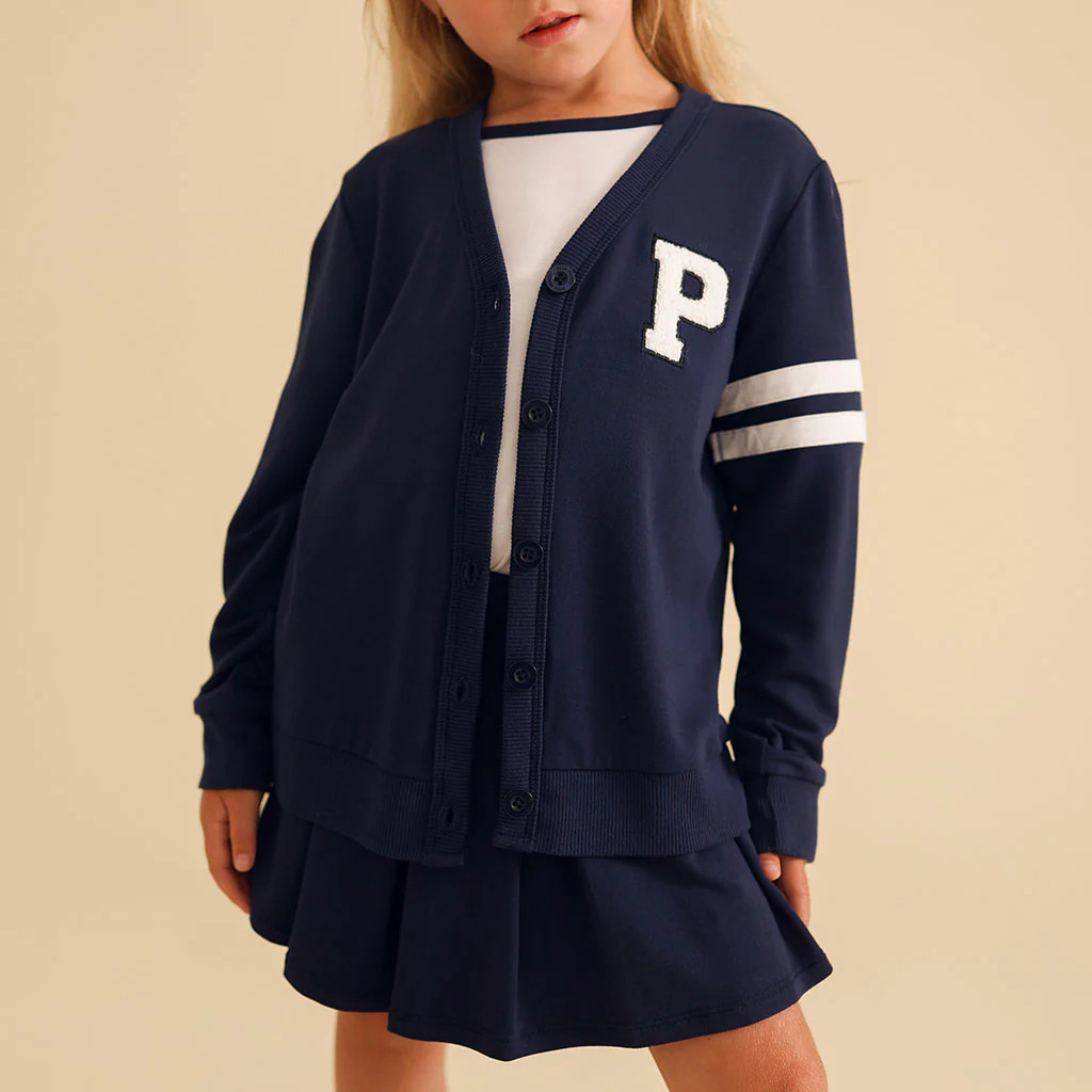 Collegiate Blue Patch Varsity Navy French Terry Button Cardigan | Posh Peanut® | Posh Peanut