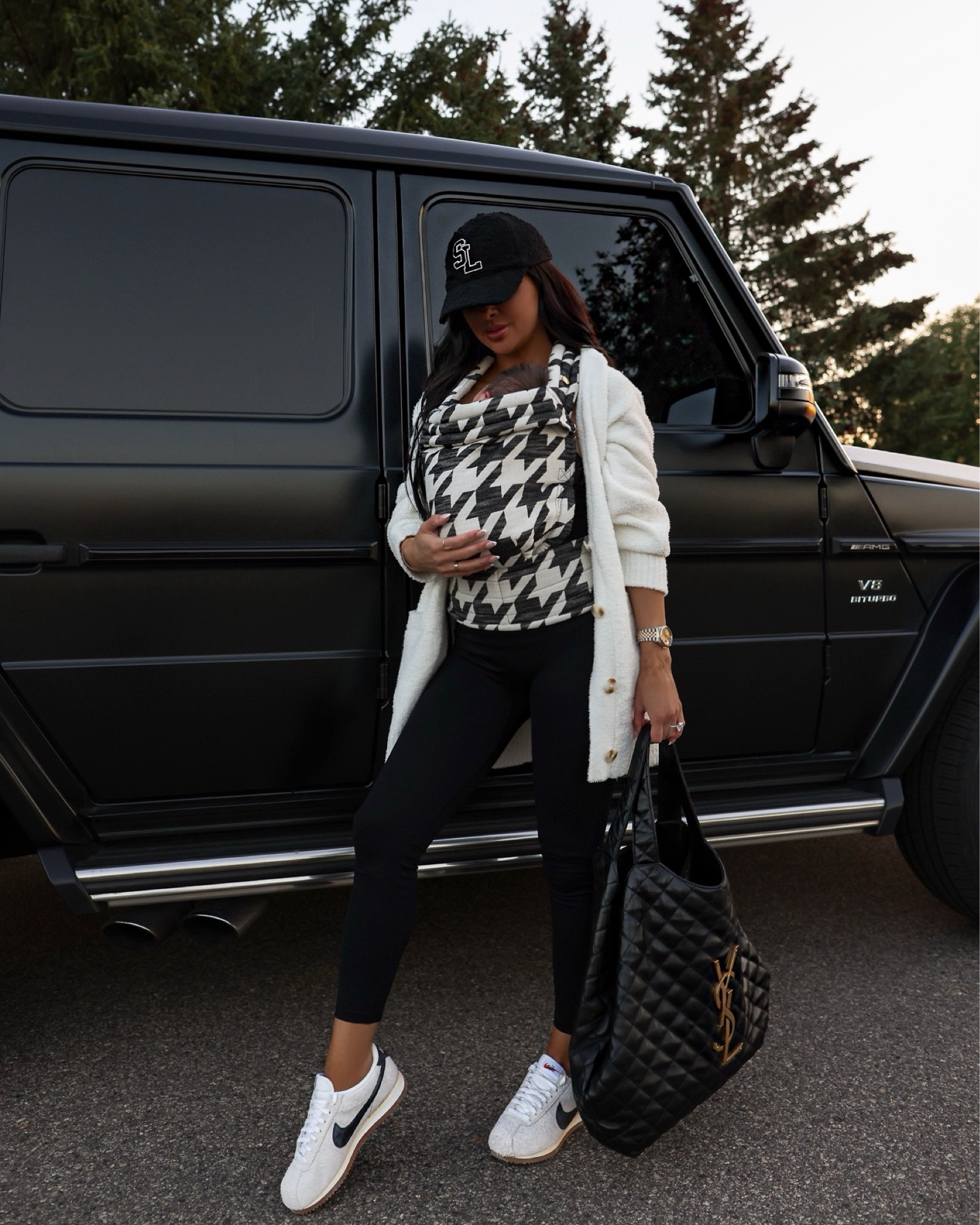 Casual outfit ideas 
Nordstrom UGG white cardigan wearing an XS
Amazon jumpsuit 
Nike Cortez boucle sneakers run TTS
Artipope baby carrier 
YSL iCare bag


#LTKFindsUnder100 #LTKFindsUnder50 #LTKBaby