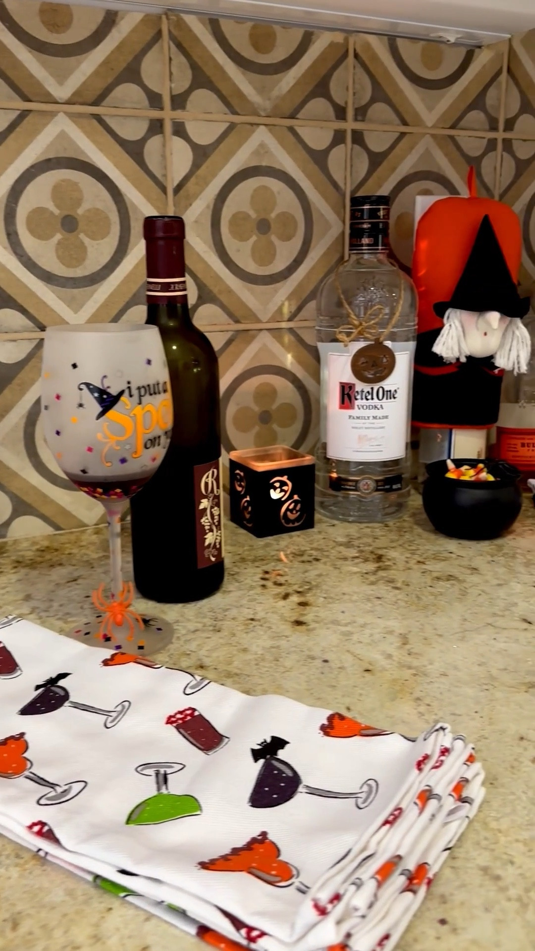 I always start setting up my bar area with some fun dish towels. Then add some festive wine glasses. I love these for Halloween.  

#LTKHoliday #LTKSeasonal #LTKHalloween