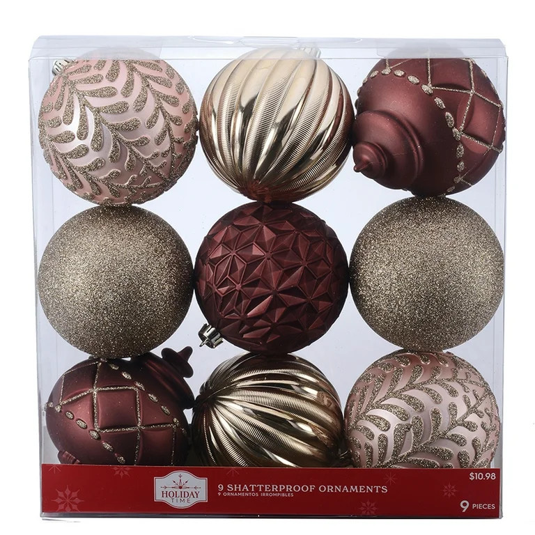 Holiday Time 100 mm Shatterproof Christmas Ornaments, Light Blush, Dark Blush, & Champagne Gold, ... | Walmart (US)
