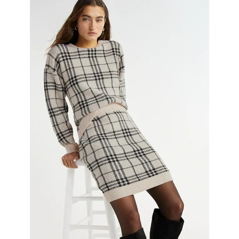 Time and Tru Women's Plaid Crewneck Sweater and Skirt Set, 2-Piece, Sizes XS-XXXL | Walmart (US)