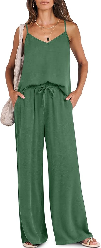 Caracilia 2 Piece Lounge Sets for Women Summer Casual Matching Wide Leg Pants Beach Travel Vacati... | Amazon (US)